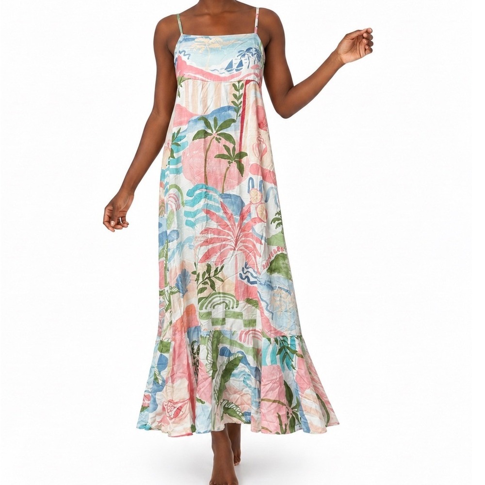 Paper Heart Tropical Palm Tree Tie Back Maxi Dress XL Vacation Beachy Resortwear